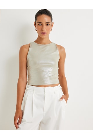 Koton Parlak Halter Yaka Crop Üst Kolsuz Yuvarlak Yaka Slim Fit Haki 4sak10336ek