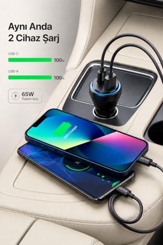 Kensa 65w Çift Portlu Hızlı Araç Şarj Aleti + Usb-c To Usb-c Şarj Kablosu Seti 65w Araç Şarj Cihazı