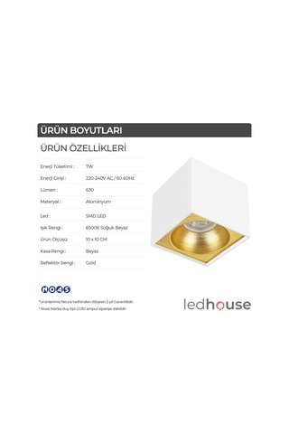 Spot Lamba Led 7W Kare Beyaz-Gold Duvar Aydınlatma Armatür