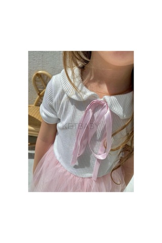 Ketbaby Kız Çocuk Kurdeleli Tül Etek Kısa Kol Elbise Pembe Pembe