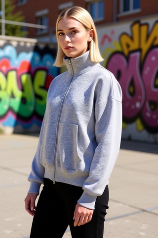Benerly Kadın Dik Yaka Düşük Kol Fermuarlı Geniş Kalıp Sweatshirt Fonksiy Gri Melanj