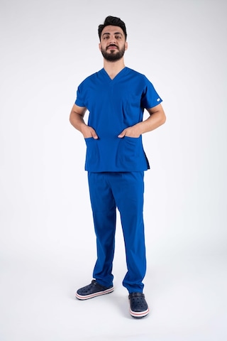 Saks Mavi Erkek Likralı Hemşire Ve Doktor Forması Takımı Scrubs Hastane Üniforması