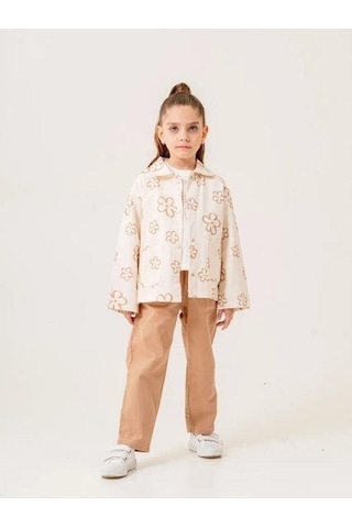 Kız Çocuk Çiçek Desenli Ceket Tshirt Pantolonlu Takım-15508 Bej