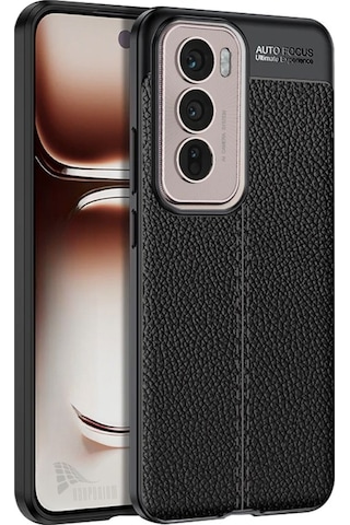Oppo Reno 12 Uyumlu Silikon Kılıf Deri Desenli Darbe Emici Autofocus Kapak Siyah