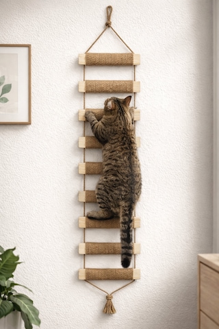 Ahşap Kedi Tırmanma Merdiveni Ve Duvar Köprüsü - Jüt İpli, 9 Basamak, 100 Cm