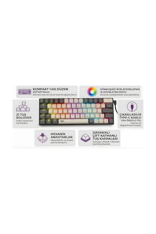 Rgb Gaming Klavye Kablolu Mekanik Hot Swap 61 Tuşlu Double Shot Örgü Kablo Oyuncu Klavyesi - Dar Masa, Ofiste, Kolay Taşınabilir