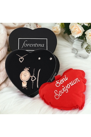 Forentina Rose Kalpli Kolye Küpe Bileklik Saat Kalpli Yastık Hediye Set Ps3411 Çok Renkli