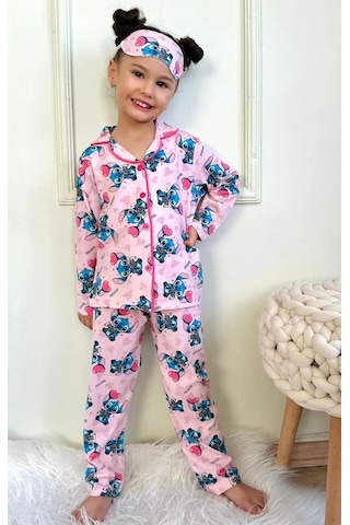Lillypicca Kız Çocuk Desenli Pamuklu Önden Düğmeli Göz Bantlı Uzun Kol Pijama Takımı 9023 Pembe