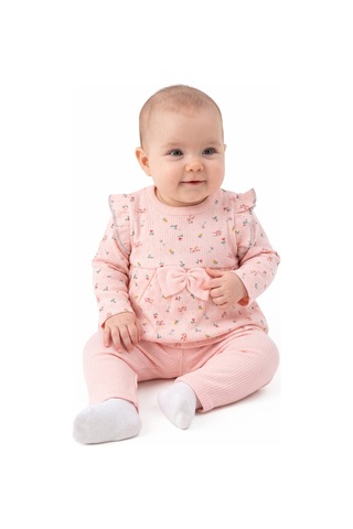 By Bebekodam Kız Bebek Somon Renkli Minik Çiçek Desenli Fırfırlı Pijama Takımı