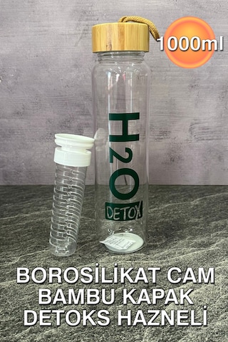 H2o  Bambu Kapaklı Borosilikat Cam Matara - 1lt Şeffaf