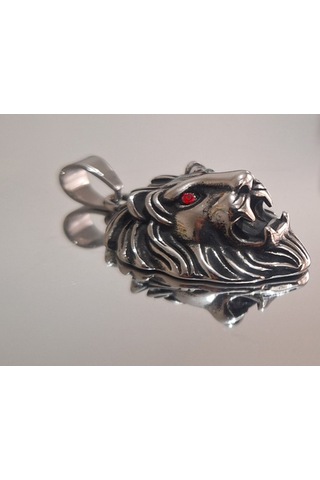 Kırmızı Zirkon Göz Detaylı, Güç Ve Cesaret Sembolü Erkek Aslan Başlı Çelik Kolye /kral Aslan Kolye Metalik Gri