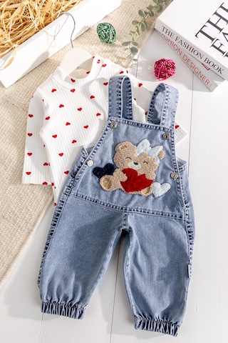 Babymod Ayıcık Figürlü Denim 2'li Kız Bebek Kot Salopet Tulum Mavi