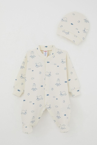 Breeze Erkek Bebek Patikli Tulum Sevimli Deniz Hayvanları Desenli 0-6 Ay, Krem Krem