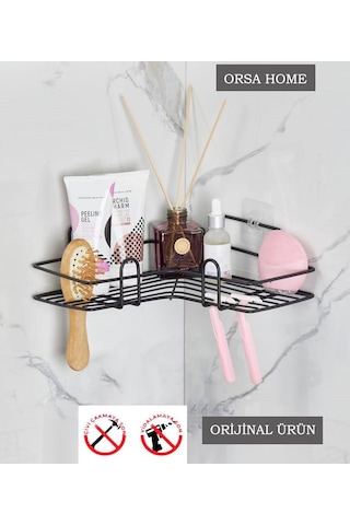 Orsa Home Tekli Geniş L Tasarım Güçlü Magic Yapışkanlı Siyah Banyo Köşe Rafı 997 Siyah