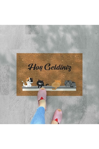 Hoş Geldiniz Yazılır Temalı Kedili Dekoratif Dış Kapı Önü Ve Iç Mekan Paspası Yıkanabilir Toz Alıcı Gold