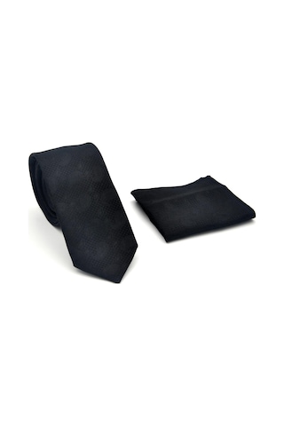 Gaffy Şal Desenli Siyah Dokuma Kumaş Mendilli Slim Fit Kravat // Sdk-2509-1 Siyah