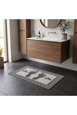 Kartela Halı Ayak İzi Desenli Banyo Paspası Antrasit Kaymaz Taban Makinede Yıkanabilir 60x90 Cm