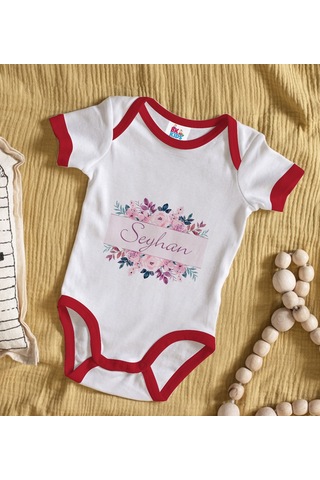 Bk Gift Bk Kids Kişiye Özel Çiçek Tasarımlı Kırmızı Bebek Body Zıbın-22 Çok Renkli