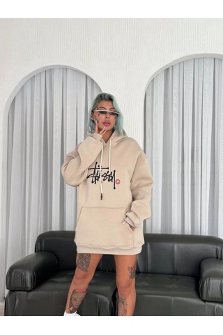 Mbb E-ticaret Kadın Oversize Kapüşonlu Cepli Baskılı 3 İplik Pamuklu Hoodie Sweatshirt - Bej