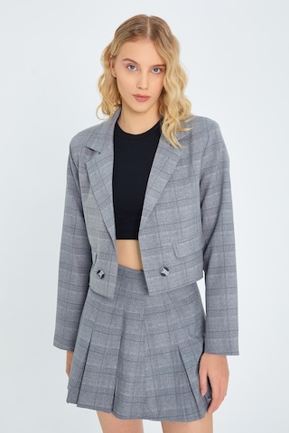 4581 Kadın Ekoseli Crop Ceket Gri Gri