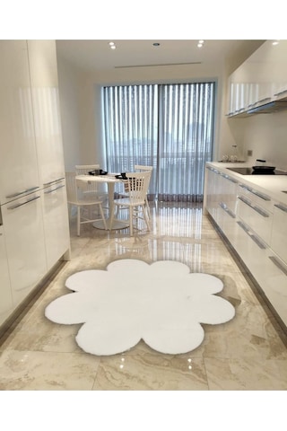 Balat Halı Dekoratif Beyaz Peluş Yumuşak Papatya Desen Halı Beyaz