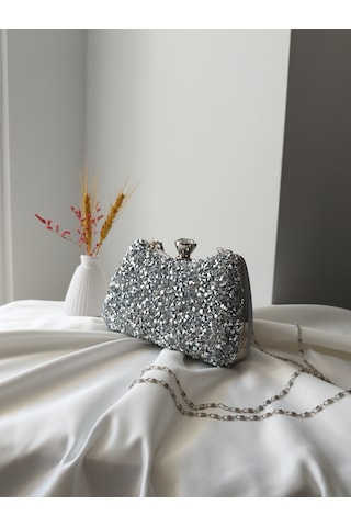 Vivazzaluxe Kristal Taşlı Kadın Abiye, Clutch Çanta Gümüş