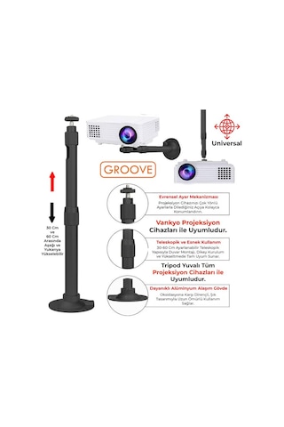 Vankyo Groove 30-60cm Alüminyum Projeksiyon Cihazı Tavan Askı Aparatı Duvar Bağlantı Aparatı Universal Projector Siyah 360 Dönebilen Tripod Yuvalı