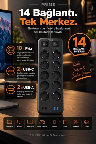 Robeve Fulltech Prıme 10 Lu Akım Korumalı Priz 3680w