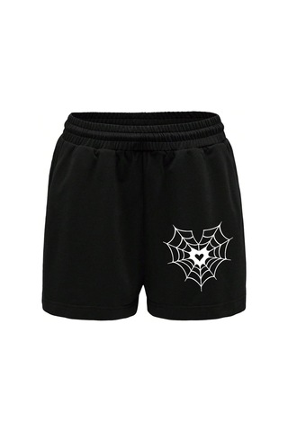 Ağ Penye Şort - Siyah Baskılı Kısa Kordonsuz Siyah