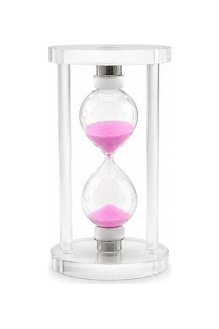 Salon Dekoru Raf Aksesuarı Bütünleyici Süs Modern Pembe Büyük Boy Cam Standlı Kum Saati 15 Cm
