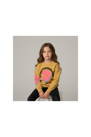 Fesshera Kids Kız Çocuk Sweatshirt Pamuklu Kışlık Kalın Baskılı Sweatshirt-uzun Kollu Rahat Kesim Bisiklet Yaka Sarı