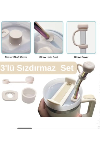 Stnyl Quencher Ve Yeni Nesil Pipetli Termos İle Uyumlu 3 Lü Sızdırmaz Koruyucu Aksesuar Silikon Set Krem