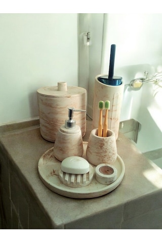 Mermer Desen Bej Beton Banyo Seti,tuvalet Fırçası,çöp Kovası,katı,sıvı Sabunluk,sunum Tepsi,mumluk. Bej