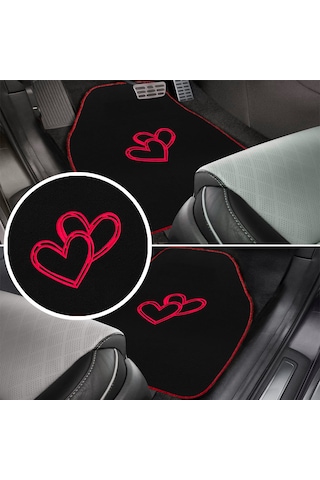 Aşkınızı Aracınıza Taşıyın Kalp Desenli Kırmızı Nakışlı Lüks Oto Paspas Seti & Romantik Şık Tasarım