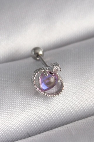 Ceylan Adam 316l Çelik Gümüş Renk Mor Mineli Kalp Zirkon Taş Detay Tragus Piercing Çok Renkli