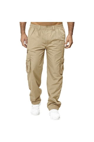 Erkek İlkbahar Ve Sonbahar Düz Paça Düz Renk Kargo Pantolon Günlük Çok Cepli Uzun Pantolon Bol Kesim Açık Hava Fitness Pantolonu Haki