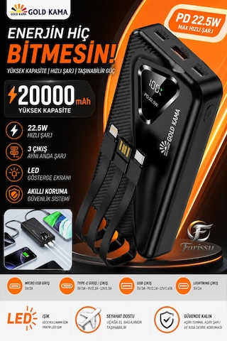 20000mah Power Bank 22.5w Süper Hızlı Şarj Type-c Lightning Dahili Kablolu Dijital Göstergeli Gri
