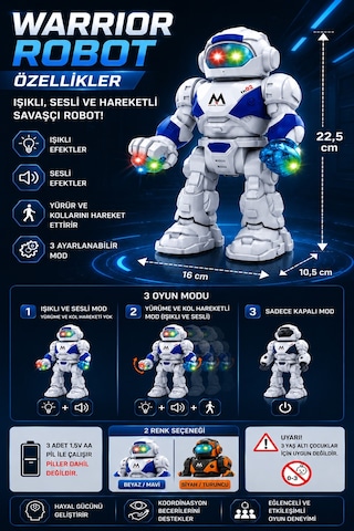 Işıklı Sesli Pilli Hareketli Yürüyen Robot Oyuncak Pilli Robot Beyaz