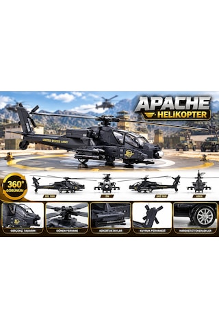 Oyuncak Helikopter Metal Sesli Işıklı Çek Bırak Askeri Savaş Apaçi Apache Helicopter Diecast Model 23 Cm