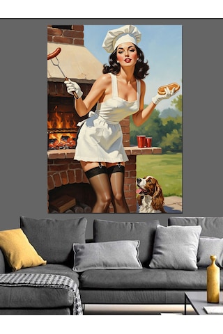 Retro Hizmetçi Pin-up Kız Dekoratif Kanvas - Mdf Ahşap Tablo