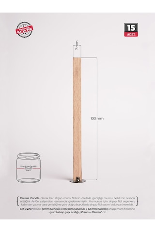 Ahşap Mum Fitili 7 Mm Genişlik Nikel Kaplama Çelik Taban + 3m Köpük Bant, 15 Li Set Cereus Ahşap