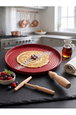 Tektava Granit Kaplama Ahşap Saplı Bazlama&gözleme Tavası 36 Cm Kırmızı-36 Cm