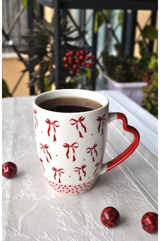 1 Adet Kurdeleli Kupa Seramik Çay Kahve Kupası 330 Ml Kurdele Sevgililer Günü Kırmızı