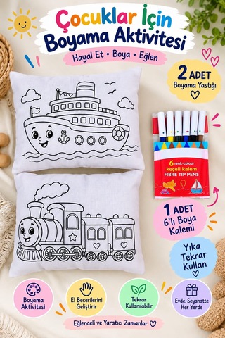 2 Adet Boyama Yastığı + 6 Renk Yıkanabilir Keçeli Kalem Çocuk Aktivite Seti Anaokulu Kreş Etkinliği