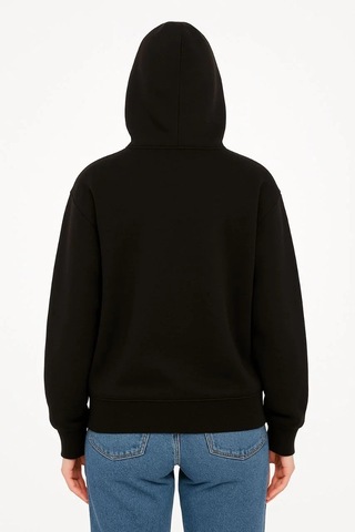 Kadın Oversize Kapüşonlu Sweatshirt Hoodie 3 İplik Şardonlu Pamuklu Kumaş, Önü Baskılı, Fermuarlı R Siyah