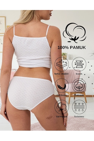 Alya Underwear %100 Pamuklu Kadın Külot Normal Bel Yükseklikli Jakarlı Kalp Desenli Kumaş Slip Beyaz