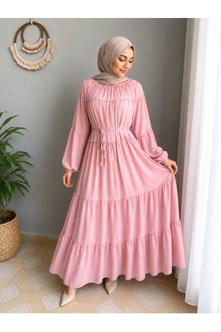 Efulim Womens İpli - Astarlı Salaş Şifon Tesettür Elbise Pembe