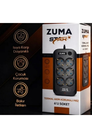 Zuma Termal Akım Korumalı 6 Soket 2 Metre Priz Açma Kapama Tuşlu Çocuk Korumalı Siyah 2 m