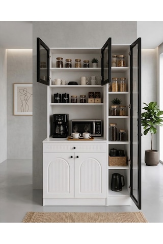 Premium Reflekte Camlı Membranlı Tamamen Mdf Kahve Köşesi Çok Amaçlı Dolap Kiler Mutfak Dolabı 125 Cm Beyaz