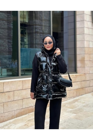Hb Harma Time Butik Kadın Siyah Parlak Fermuarlı Çıt Çıtlı Cepli Şişme Yelek